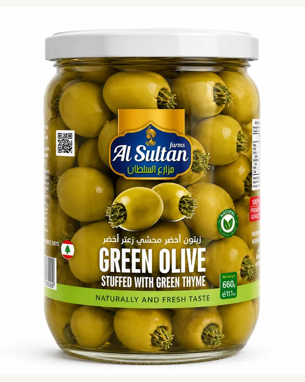 Green olives stuffed with green thyme